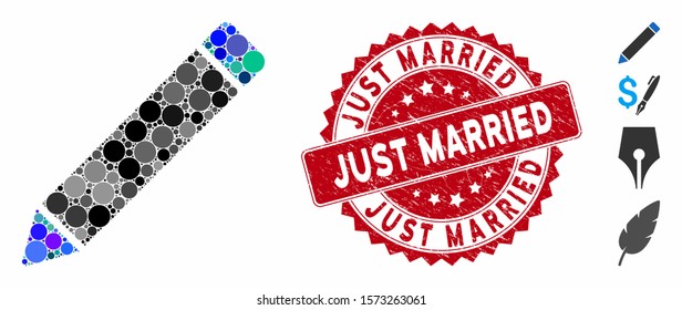 Mosaic edit icon and grunge stamp seal with Just Married phrase. Mosaic vector is created from edit icon and with random spheric items. Just Married stamp uses red color, and rubber design.