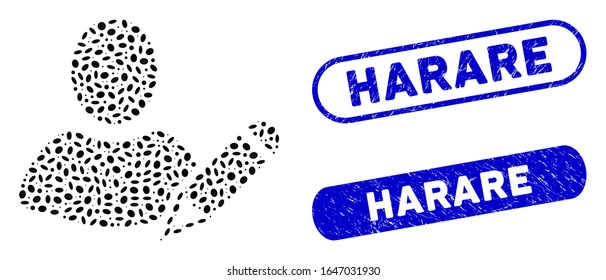 Mosaic edit user and distressed stamp seals with Harare text. Mosaic vector edit user is composed with scattered ellipse spots. Harare stamp seals use blue color, and have round rectangle shape.