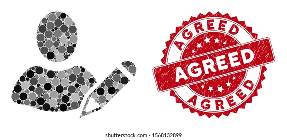 Mosaic edit user and grunge stamp seal with Agreed text. Mosaic vector is designed with edit user icon and with scattered round elements. Agreed stamp seal uses red color, and grunged texture.