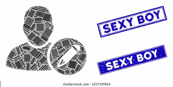 Mosaic edit user pictogram and rectangle rubber prints. Flat vector edit user mosaic pictogram of randomized rotated rectangle items. Blue caption seal stamps with distress texture.