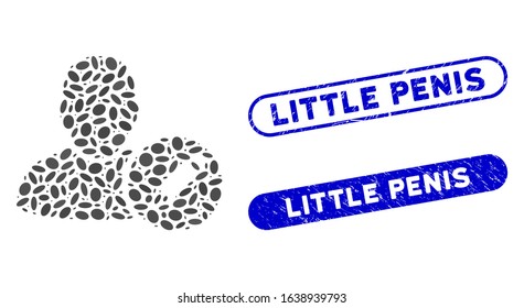 Mosaic edit user and rubber stamp seals with Little Penis phrase. Mosaic vector edit user is created with scattered elliptic items. Little Penis stamp seals use blue color,