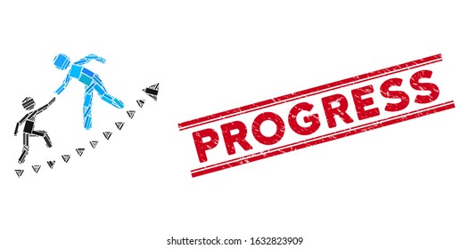 Mosaic education progress icon and red Progress seal stamp between double parallel lines. Flat vector education progress mosaic icon of random rotated rectangle elements.