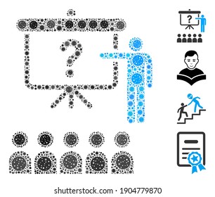 Mosaic education united from covid-2019 virus items in random sizes and color hues. Vector infection icons are united into abstract mosaic education icon. Some bonus icons are added.