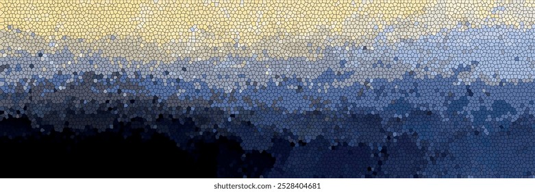 efeito mosaico com uma mistura de azul-água, amarelo mostarda e azul pálido sobrepondo cores poligonais que criam uma aparência texturizada e formam um mural de parede indistinto em forma abstrata.