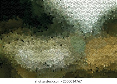 Efecto mosaico con una mezcla de verdes, marrones y blancos que se superponen a colores poligonales que crean una apariencia texturizada y forman una forma abstracta indistinta.