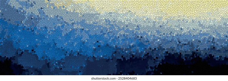 efeito mosaico com uma mistura de azul marinho, amarelo ovo e branco sobrepondo cores poligonais pretas que criam uma aparência texturizada e formam um mural de parede indistinto em forma abstrata.