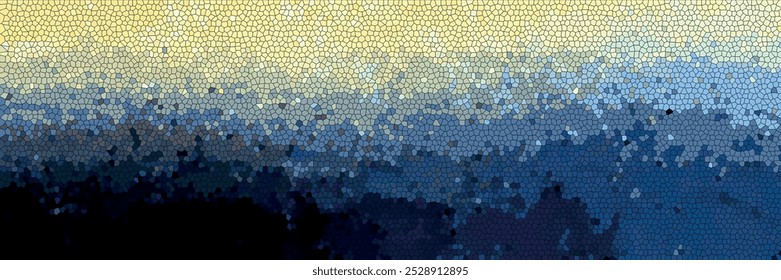 efeito de mosaico com uma mistura de azul-mar, amarelo-ovo, marrom e branco sobrepondo cores poligonais pretas que criam uma aparência texturizada e formam um mural de parede indistinto em forma abstrata.	
