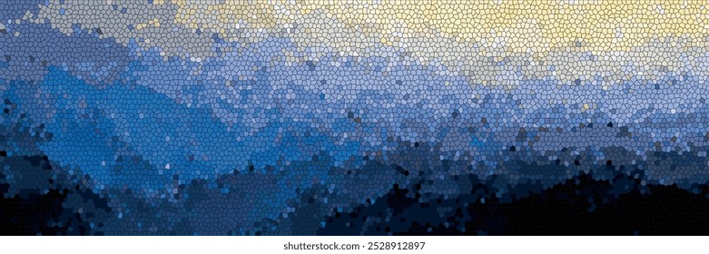 efeito mosaico com uma mistura de azul marinho, amarelo-ovo, marrom pálido e branco sobrepondo cores poligonais pretas que criam uma aparência texturizada e formam um mural de parede indistinto em forma abstrata.	
