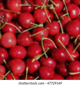 Ilustración de efecto mosaico de cerezas creadas con puntos de color sobre negro