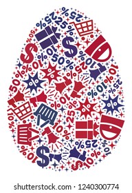 Mosaic egg designed with blue and red shopping symbols. Retail composition of mosaic egg icon. Flat design for shopping purposes.