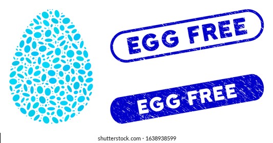 Mosaic egg and grunge stamp seals with Egg Free phrase. Mosaic vector egg is composed with random ellipse elements. Egg Free stamp seals use blue color, and have round rectangle shape.