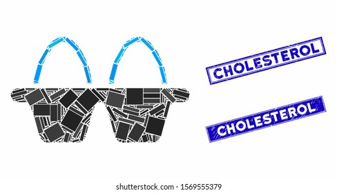 Mosaic egg pack icon and rectangular rubber prints. Flat vector egg pack mosaic pictogram of random rotated rectangular items. Blue caption rubber stamps with rubber surface.