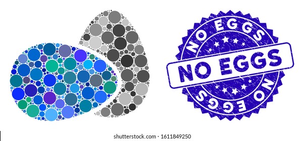 Mosaic eggs icon and grunge stamp watermark with No Eggs text. Mosaic vector is composed with eggs icon and with scattered spheric items. No Eggs stamp seal uses blue color, and grunged design.