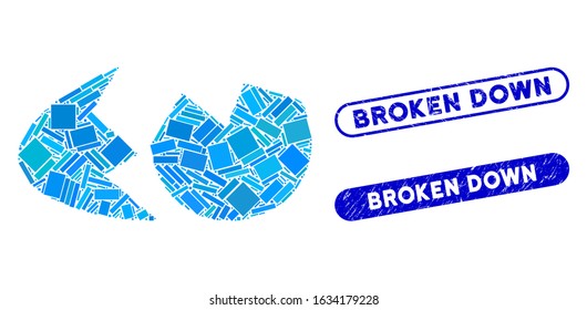 Mosaic eggshell and grunge stamp seals with Broken Down text. Mosaic vector eggshell is created with random rectangle items. Broken Down stamp seals use blue color, and have round rectangle shape.