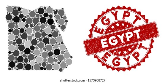 Mosaic Egypt map and round seal stamp. Flat vector Egypt map mosaic of scattered round elements. Red seal stamp with scratched texture. Designed for political and patriotic propaganda.
