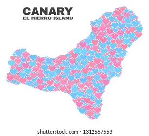 Mosaic El Hierro Island map of valentine hearts in pink and blue colors isolated on a white background. Lovely heart collage in shape of El Hierro Island map.