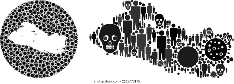 Mosaic El Salvador map composed of flu virus icons and men and skull elements. Sick virus El Salvador map mosaic composed with sphere and stencil. Mosaics created for treatment agitation.