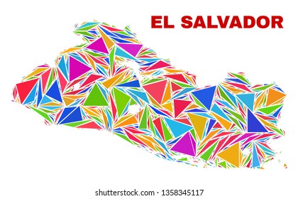 Mosaic El Salvador map of triangles in bright colors isolated on a white background. Triangular collage in shape of El Salvador map. Abstract design for patriotic illustrations.