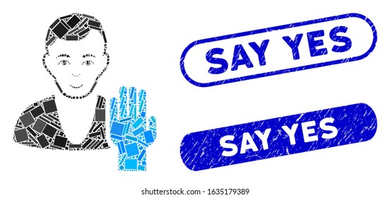 Mosaic elector and rubber stamp seals with Say Yes text. Mosaic vector elector is formed with scattered rectangle items. Say Yes stamp seals use blue color, and have round rectangle shape.