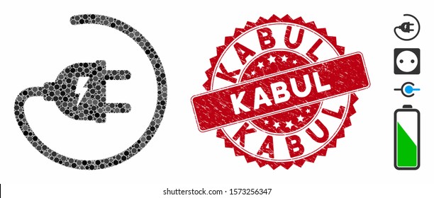 Mosaic electric adapter icon and rubber stamp watermark with Kabul text. Mosaic vector is created with electric adapter icon and with scattered spheric spots. Kabul seal uses red color,