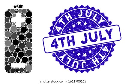 Mosaic electric battery icon and distressed stamp seal with 4Th July phrase. Mosaic vector is designed with electric battery icon and with scattered round elements. 4Th July seal uses blue color,
