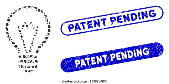 Mosaic electric bulb and distressed stamp seals with Patent Pending text. Mosaic vector electric bulb is formed with scattered elliptic items. Patent Pending stamp seals use blue color,