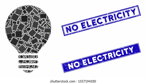 Mosaic electric bulb icon and rectangle seal stamps. Flat vector electric bulb mosaic icon of scattered rotated rectangle items. Blue caption seals with scratched surface.