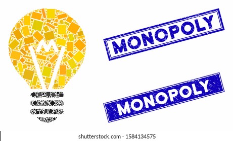 Mosaic electric bulb icon and rectangular Monopoly stamps. Flat vector electric bulb mosaic icon of randomized rotated rectangular elements. Blue Monopoly rubber stamps with scratched textures.