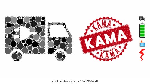 Mosaic electric car icon and distressed stamp seal with Kama text. Mosaic vector is designed with electric car icon and with random circle elements. Kama seal uses red color, and scratched surface.