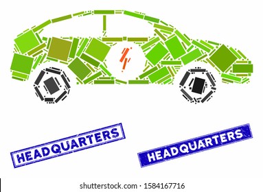 Mosaic electric car icon and rectangle Headquarters stamps. Flat vector electric car mosaic icon of random rotated rectangle items. Blue Headquarters rubber stamps with grunge textures.