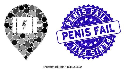 Mosaic electric engine marker icon and grunge stamp watermark with Penis Fail caption. Mosaic vector is formed with electric engine marker icon and with scattered spheric spots.