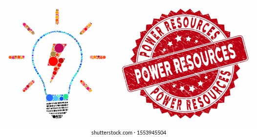 Mosaic electric light and distressed stamp seal with Power Resources text. Mosaic vector is composed with electric light icon and with random spheric spots. Power Resources stamp seal uses red color,