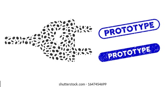 Mosaic electric plug and grunge stamp seals with Prototype caption. Mosaic vector electric plug is composed with random oval items. Prototype stamp seals use blue color,