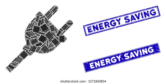 Mosaic electric plug icon and rectangle Energy Saving rubber prints. Flat vector electric plug mosaic icon of randomized rotated rectangle items. Blue Energy Saving rubber seals with grunge surface.