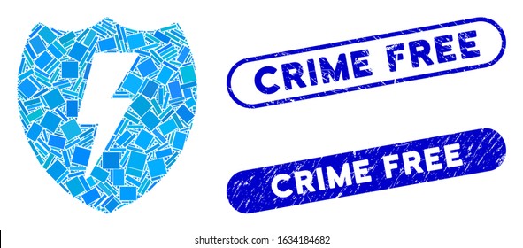 Mosaic electric shield and distressed stamp seals with Crime Free phrase. Mosaic vector electric shield is designed with randomized rectangle items. Crime Free seals use blue color,