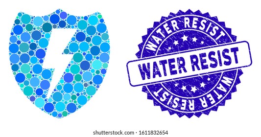 Mosaic electric shield icon and corroded stamp seal with Water Resist phrase. Mosaic vector is designed with electric shield icon and with randomized spheric items. Water Resist seal uses blue color,