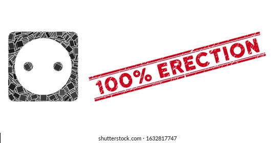 Mosaic electric socket icon and red 100% Erection stamp between double parallel lines. Flat vector electric socket mosaic icon of scattered rotated rectangle elements.