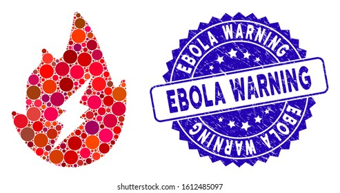 Mosaic electric spark flame icon and grunge stamp watermark with Ebola Warning text. Mosaic vector is created with electric spark flame icon and with randomized circle elements.