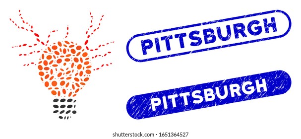 Mosaic electric sparks bulb and rubber stamp seals with Pittsburgh caption. Mosaic vector electric sparks bulb is composed with randomized oval elements. Pittsburgh stamp seals use blue color,