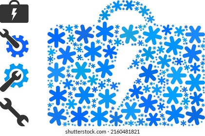 Icono de caja de herramientas eléctrica mosaico se crea para invierno, Año Nuevo, Navidad. El mosaico de iconos de caja de herramientas eléctrica se crea con copos de nieve azul claro. Se añaden algunos iconos adicionales.