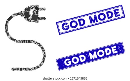 Mosaic electrical cable icon and rectangular God Mode seals. Flat vector electrical cable mosaic icon of randomized rotated rectangular items. Blue God Mode seals with corroded texture.