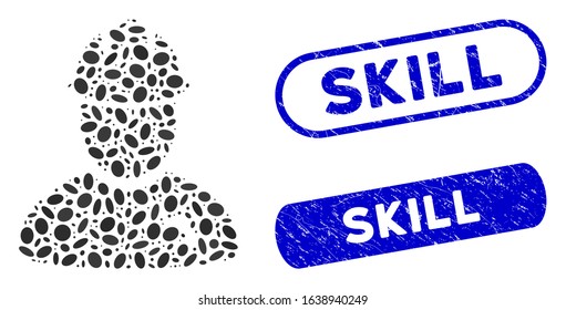 Mosaic electrician and rubber stamp seals with Skill caption. Mosaic vector electrician is created with randomized ellipse parts. Skill stamp seals use blue color, and have round rectangle shape.