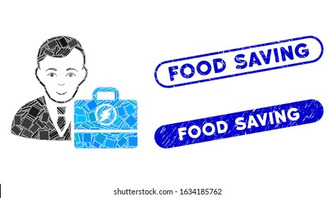 Mosaic electroneum accounter and rubber stamp seals with Food Saving phrase. Mosaic vector electroneum accounter is created with random rectangle items. Food Saving seals use blue color,