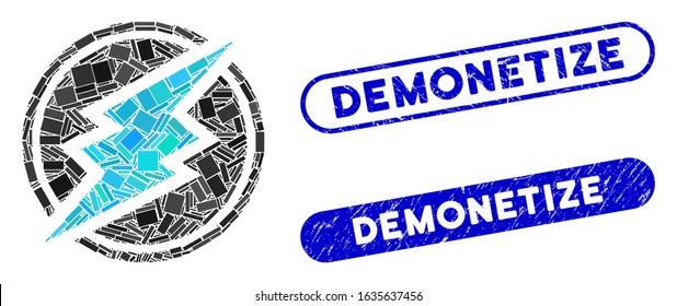 Mosaic electroneum and distressed stamp seals with Demonetize text. Mosaic vector electroneum is formed with randomized rectangle items. Demonetize stamp seals use blue color,