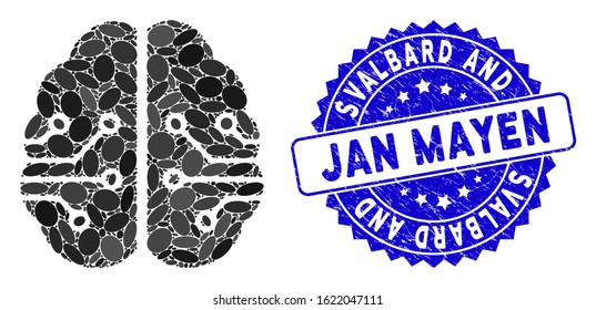 Mosaic electronic brain icon and corroded stamp watermark with Svalbard and Jan Mayen text. Mosaic vector is designed with electronic brain icon and with random elliptic elements.