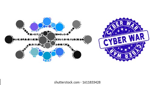 Mosaic Electronic Cog Icon And Grunge Stamp Watermark With Cyber War Text. Mosaic Vector Is Designed With Electronic Cog Icon And With Scattered Round Elements. Cyber War Stamp Seal Uses Blue Color,