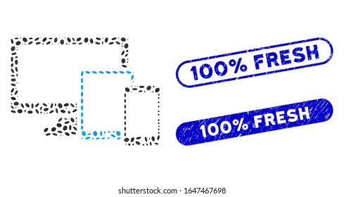 Mosaik elektronische Geräte und Grunge Stempel Siegel mit 100% Fresh Phrase. Die elektronische Vektorillustration der Mosaike wird mit randomisierten elliptischen Elementen gebildet. 100 % Frische Stempelsiegel verwenden blaue Farbe,