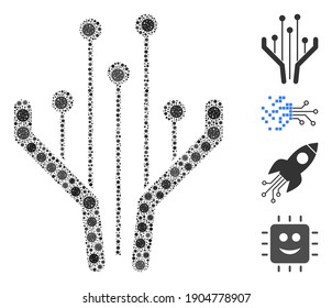 Mosaic electronic filter designed from SARS virus icons in random sizes and color hues. Vector pathogen icons are combined into abstract mosaic electronic filter icon. Some bonus icons are added.