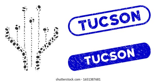 Filtros electrónicos mosaicos y sellos de estampado con texto Tucson. El filtro electrónico vectorial mosaico se crea con puntos elípticos aleatorizados. Los sellos de sello de Tucson utilizan color azul,