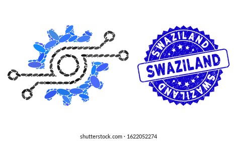 Mosaic electronic gear icon and corroded stamp seal with Swaziland phrase. Mosaic vector is created with electronic gear icon and with scattered elliptic elements. Swaziland seal uses blue color,